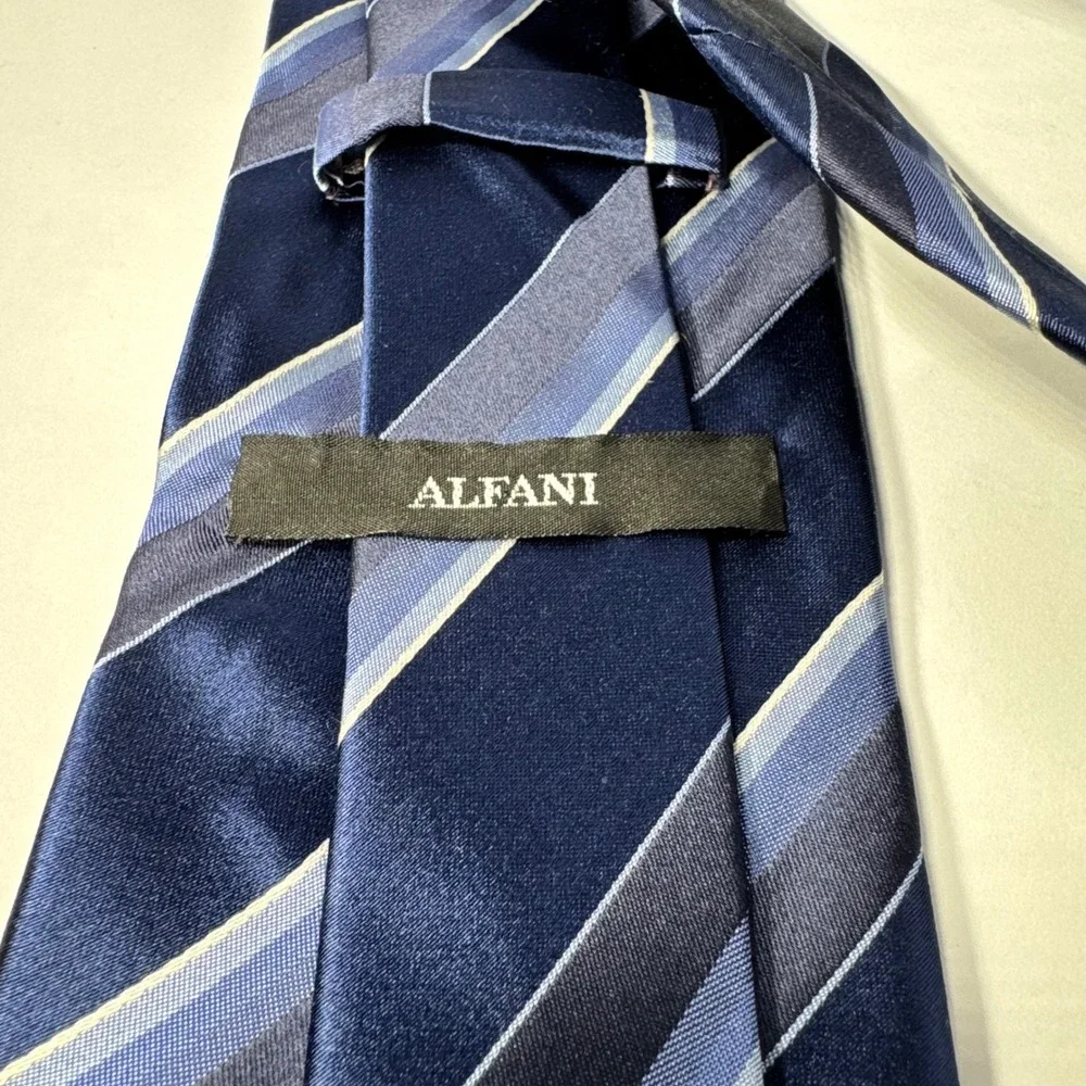 Alfani Men's Silk Necktie Navy Blue Striped Classic Handmade Formal Business Tie